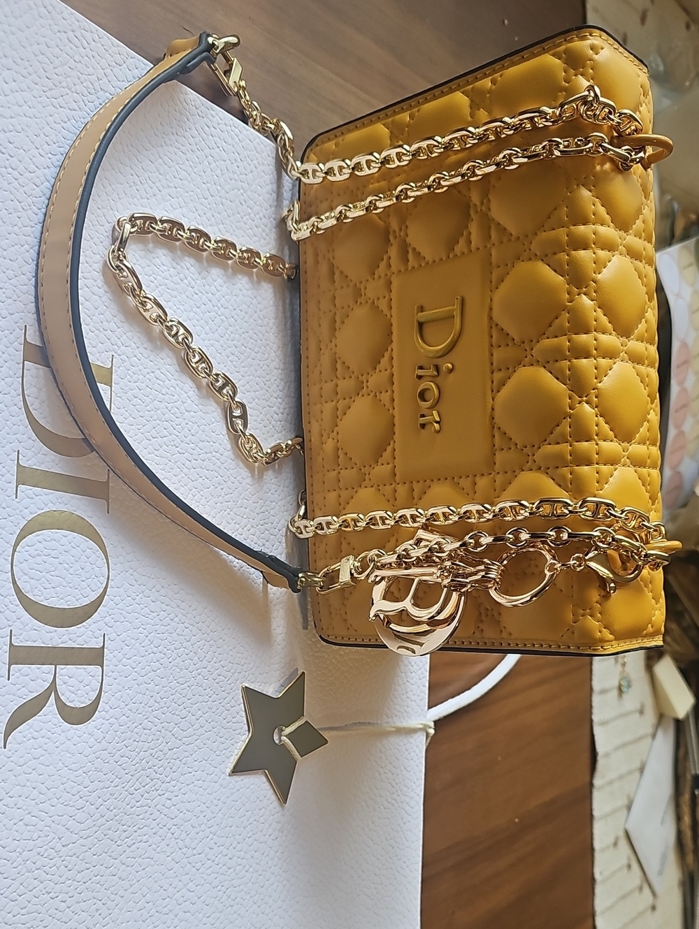 Dior "Inspired" Yellow Cannage Quilt Crossbody Bag w Auth Giftbag and Charm